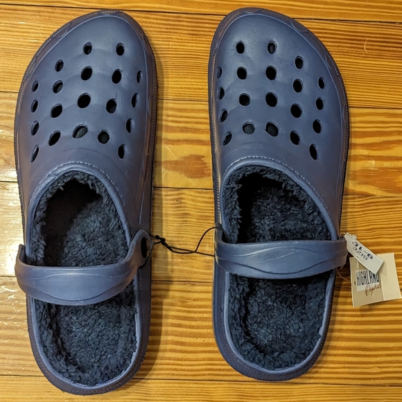 Men's Navy Blue Fur Sherpa Lined Clogs With Back Straps, Size 9-10, New With Tag - Picture 2 of 6